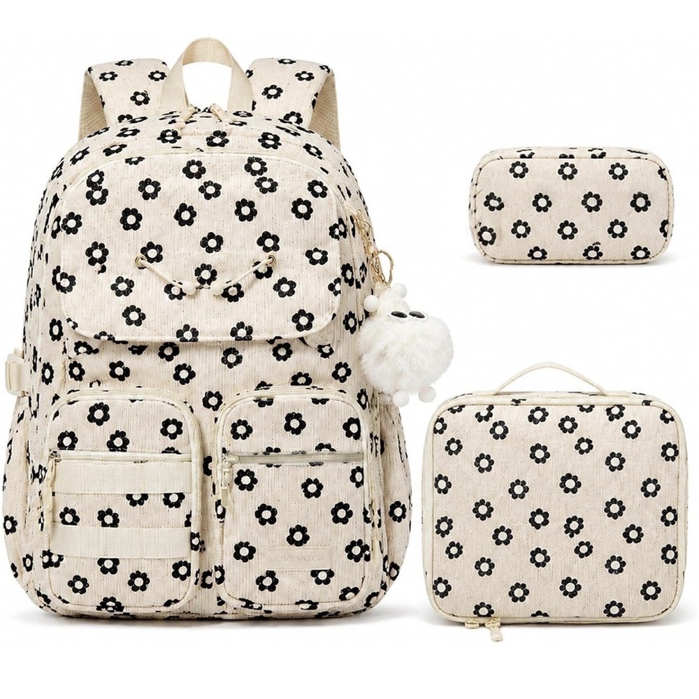 Girl's Backpack w Lunch & Pencil Bag Flower Daisy Corduroy Boho Trendy School